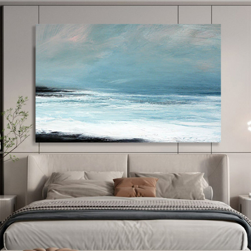 “Minimalist Coastal Landscape in Blues and Blacks” - Serene Seaside Oil Painting On Canvas PT032