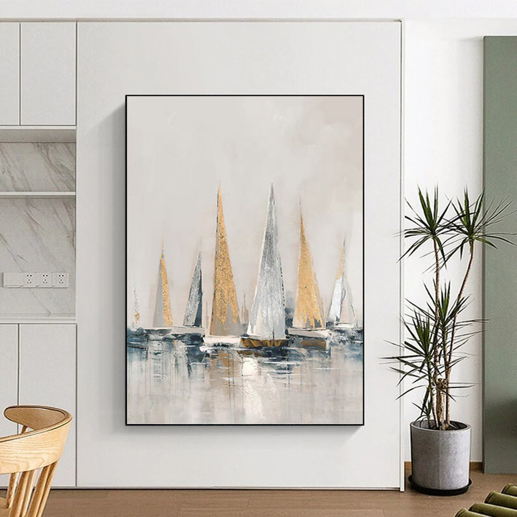 “Gold - Silver Sailboats on Gray Water” - Impressionist - Inspired Seascape Painting On Canvas PT1416