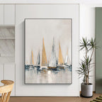 “Gold - Silver Sailboats on Gray Water” - Impressionist - Inspired Seascape Painting On Canvas PT1416