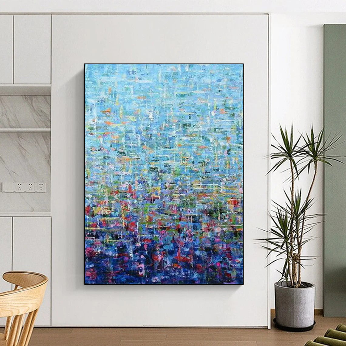 “Blue Abstract Grid” - Pointillist Abstract Painting On Canvas PT2349