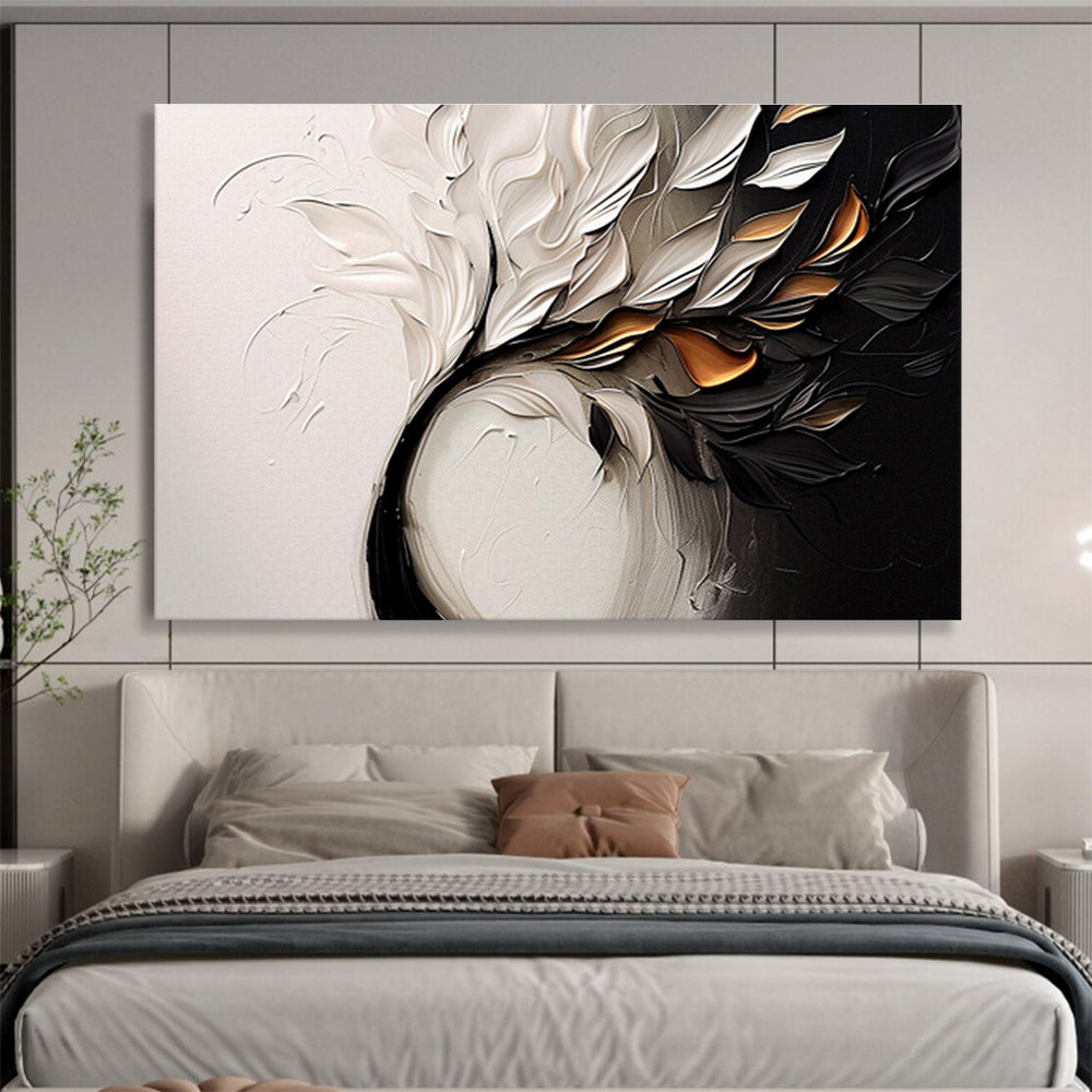“Elegant Floral Swirl” - White, Black & Gold Floral, Textured Oil Painting On Canvas DKS748