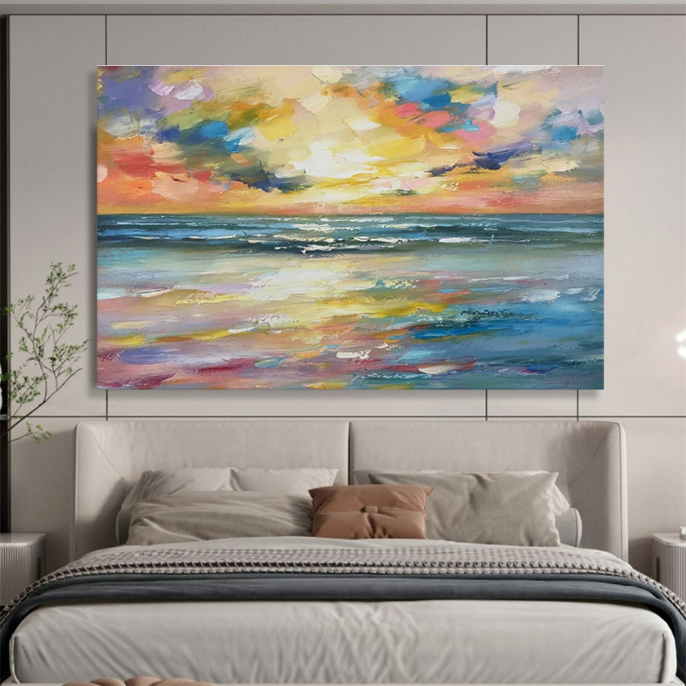 Rainbow - Hued Sunset Over Ocean Fauvist Seascape Painting On Canvas DKS117