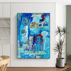 “Blue - Toned Abstract Collage” - Serene Mixed - Media Abstract Painting On Canvas DS296