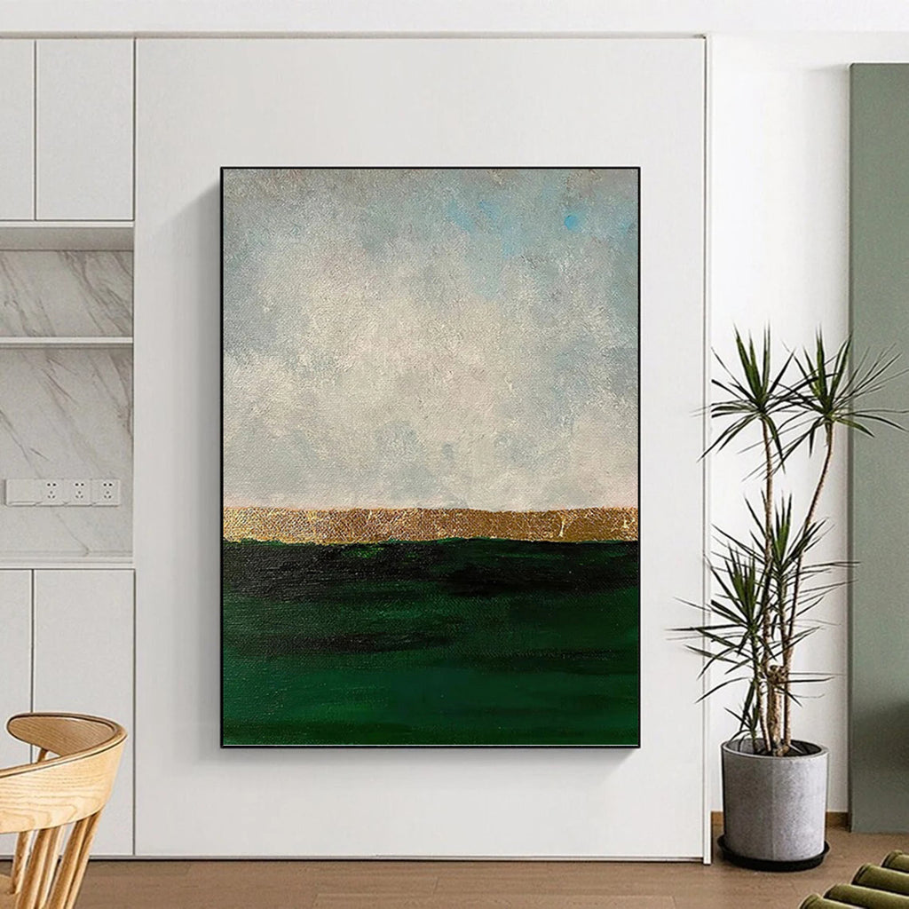 “Green - Grey - Gold Horizon” - Minimalist Abstract Painting On Canvas PT1206