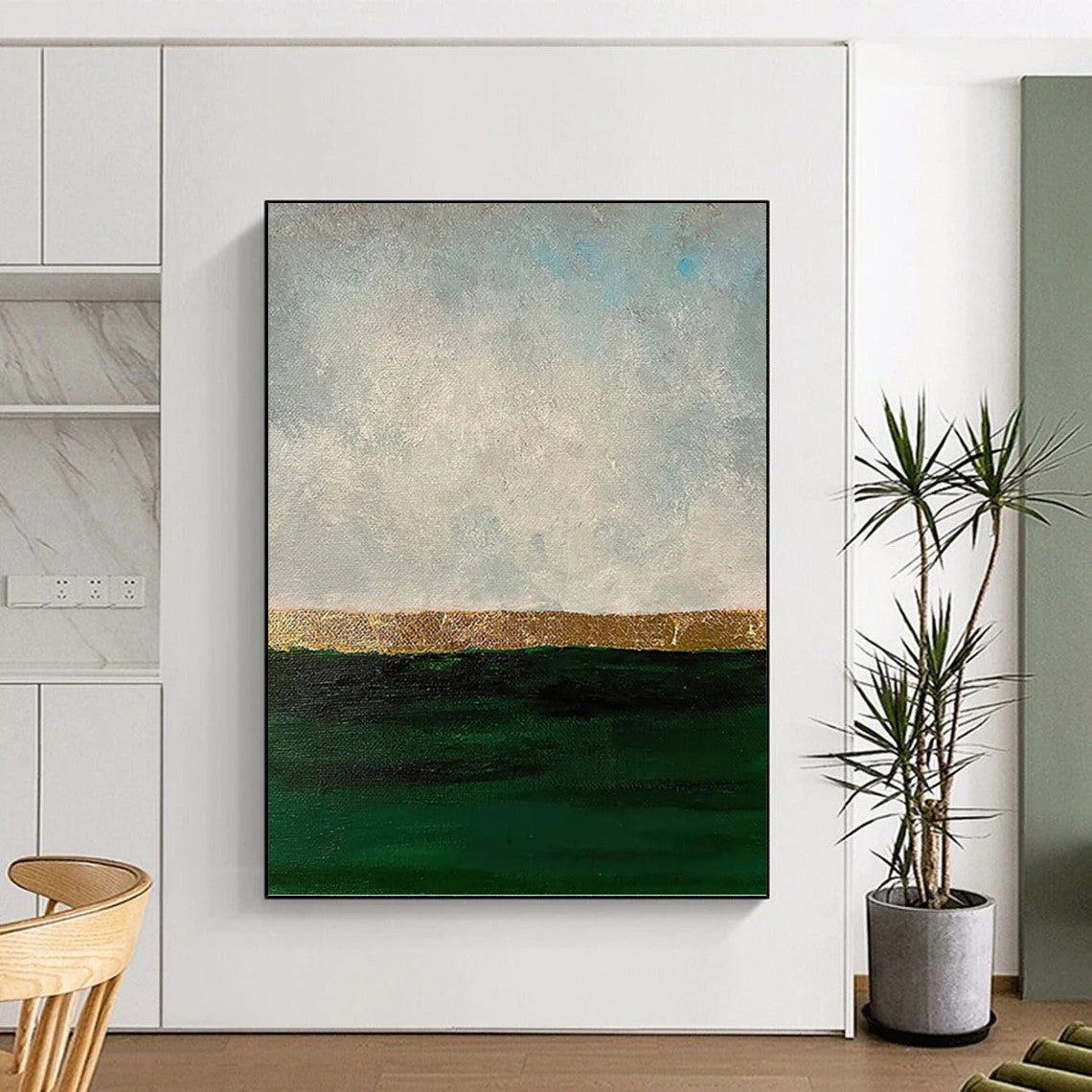 “Green - Grey - Gold Horizon” - Minimalist Abstract Painting On Canvas PT1206