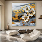 White, Gold, Gray with Textured Flowers "Gilded Blossom" Floral Painting On Canvas PS1254