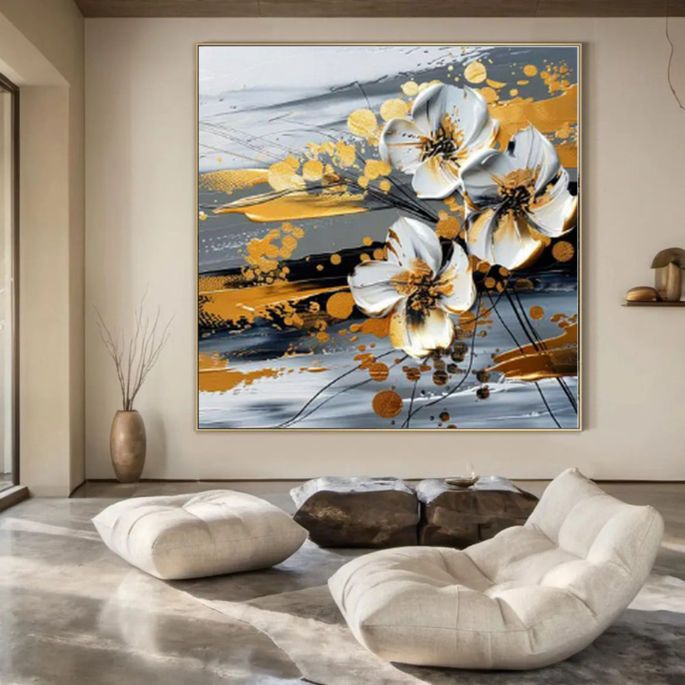 White, Gold, Gray with Textured Flowers "Gilded Blossom" Floral Painting On Canvas PS1254