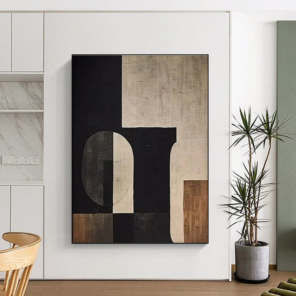 Black, Beige & Brown Geometric Abstract "Suburban Geometry" Painting On Canvas PS0862