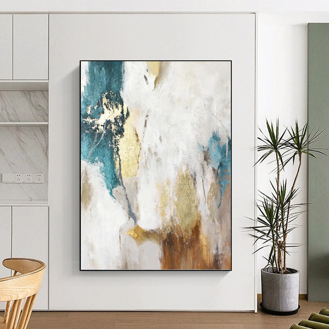 “Turquoise, Gold and White Abstract” - Vibrant Textured Painting on Canvas PT1014
