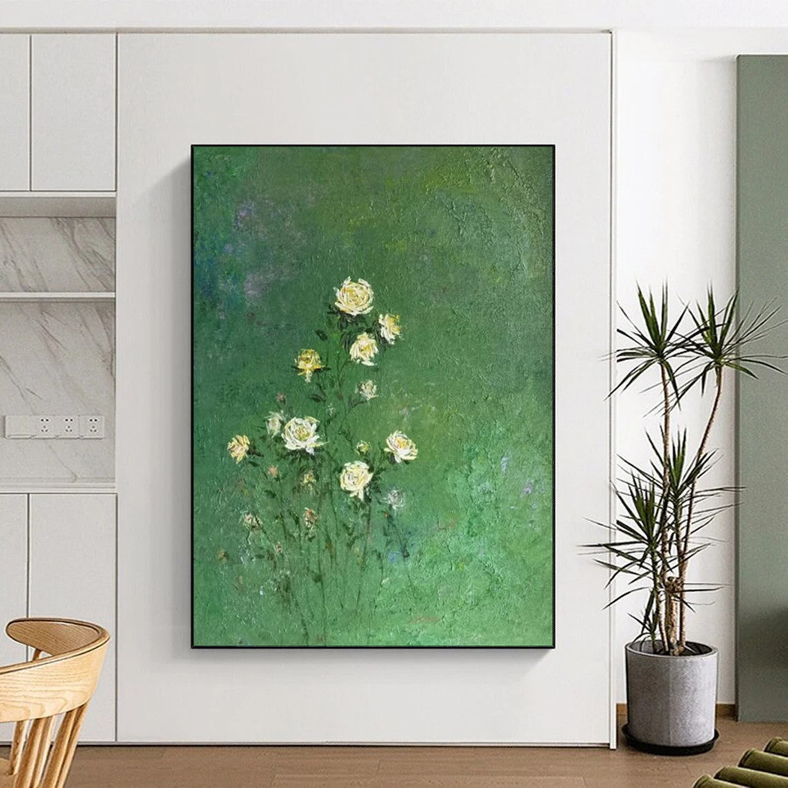 “Yellow Flowers on Green” - Impressionist Floral Painting On Canvas PT1978