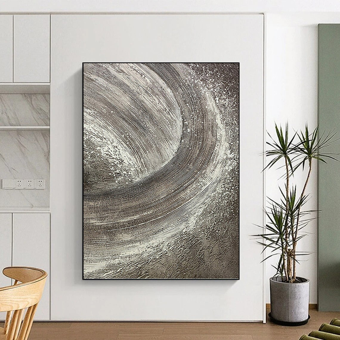 “Textured Silver and Gray Swirls” - Abstract, Tactile - Styled Painting On Canvas PT1542