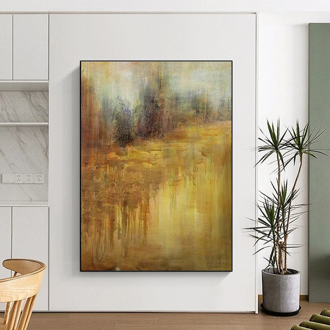 Warm Yellow - Brown Landscape, "Autumn Haze" – Abstract Landscape Painting On Canvas PS0894
