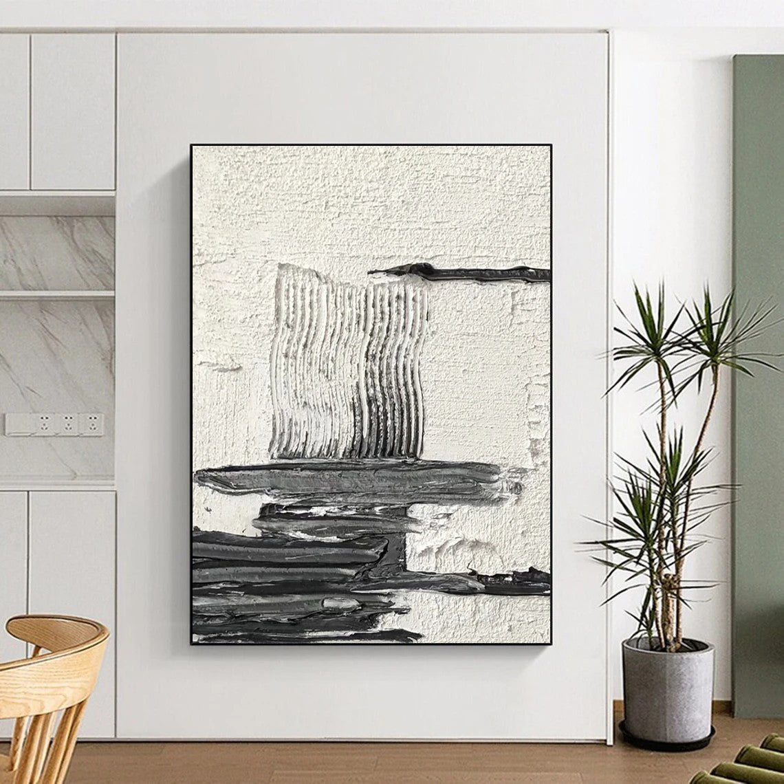“Textured Black and White Abstract Composition” - Layered Abstract Painting On Canvas DS388