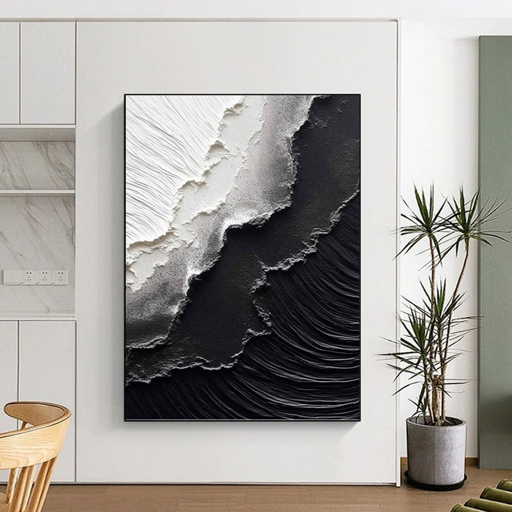 “Black & White Textured Abstraction” - Minimalist, Textural Painting On Canvas PT1475