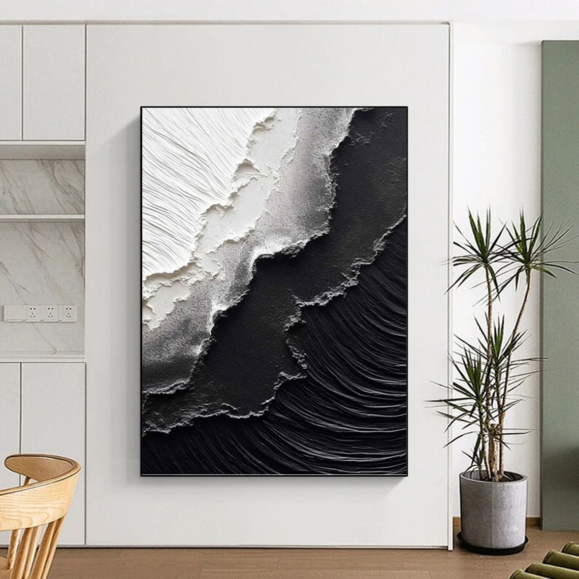 “Black & White Textured Abstraction” - Minimalist, Textural Painting On Canvas PT1475