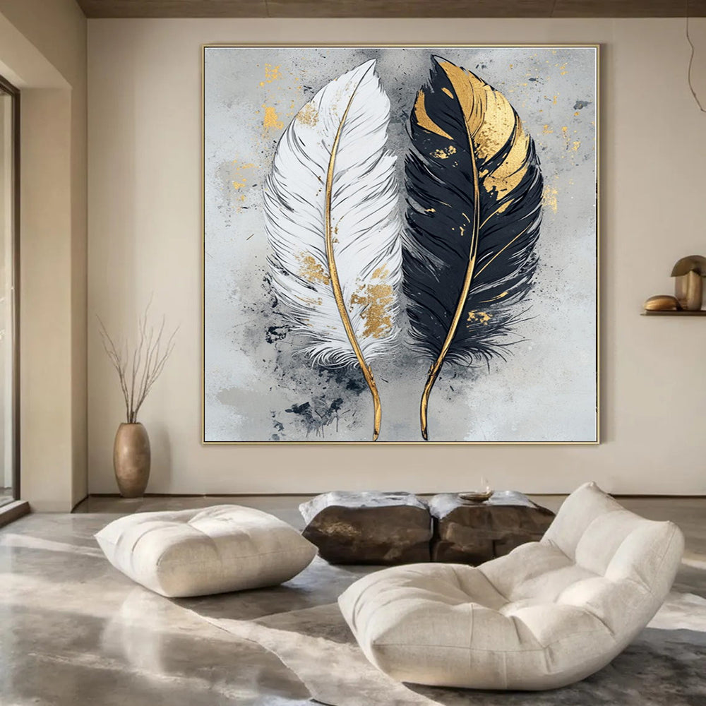 Black, White, Gold with Feathers "Gilded Feathers" Decorative Painting On Canvas PS1262