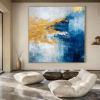 Blue, Gold, Gray, and White Bold, "Luminary Tide" – Abstract Seascape Painting On Canvas PS1009
