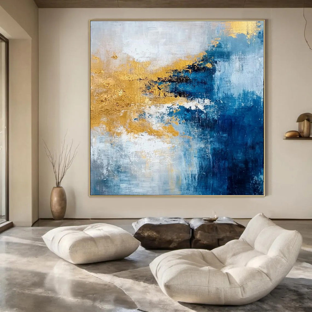 Blue, Gold, Gray, and White Bold, "Luminary Tide" – Abstract Seascape Painting On Canvas PS1009