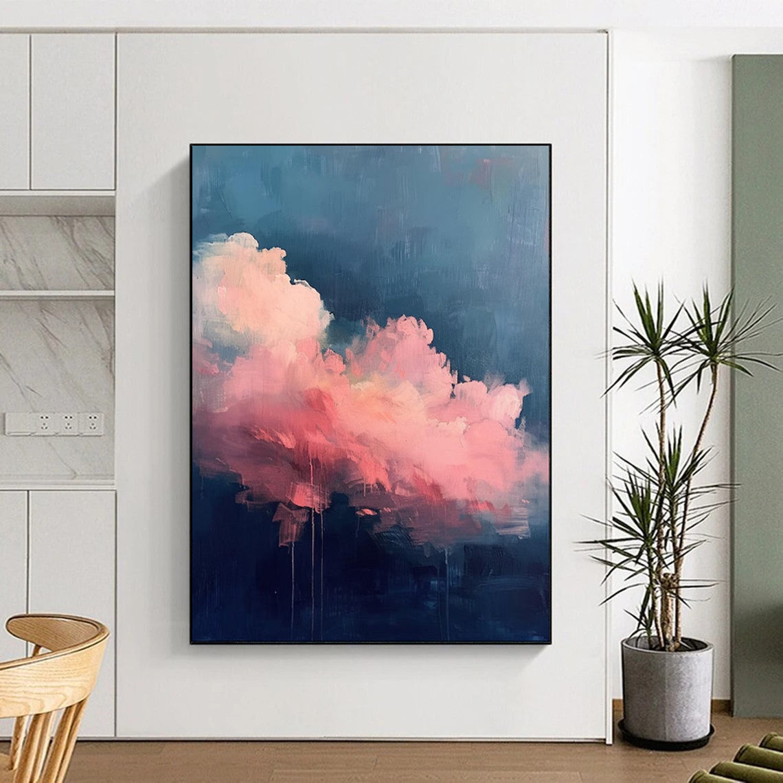 “Pink - Blue Cloudscape with Drips” - Abstract Cloud Painting On Canvas PT1976