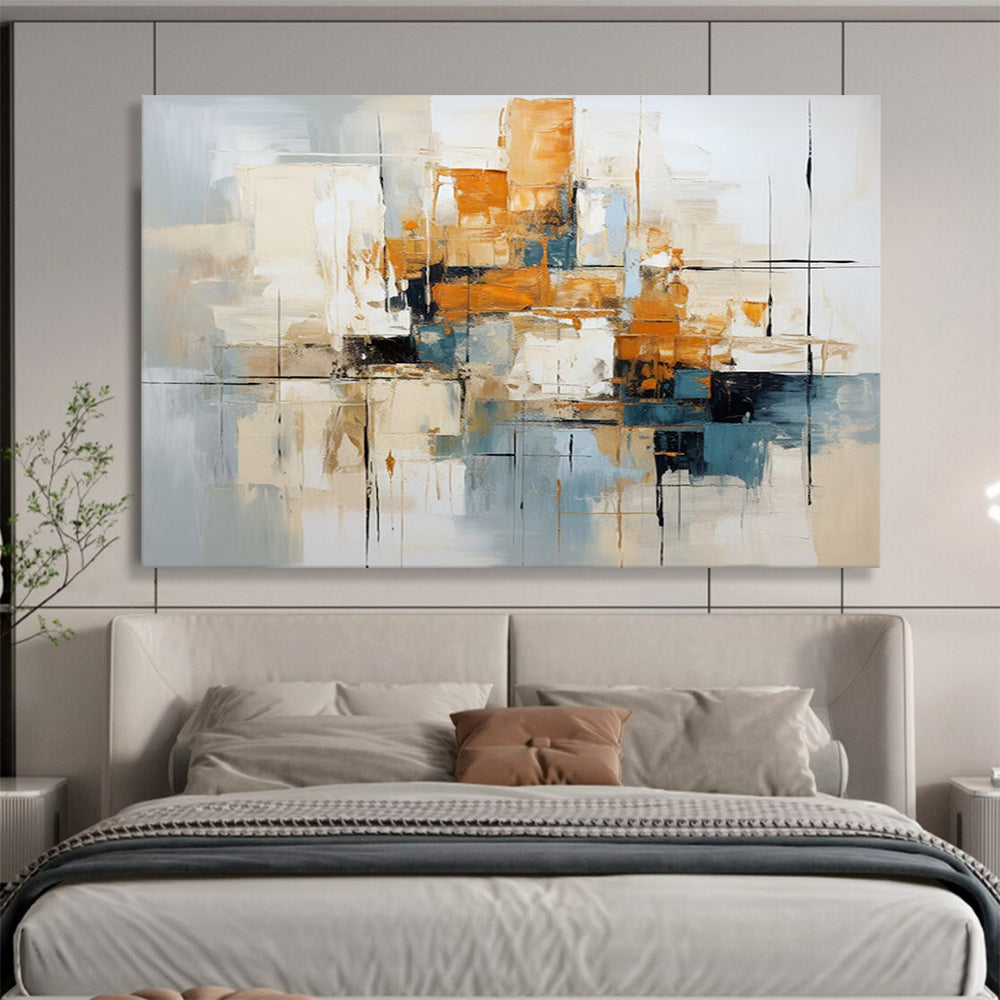 “Abstract Cityscape in Gray, Orange & Blue” - Modern Urban Impasto Painting On Canvas PT006
