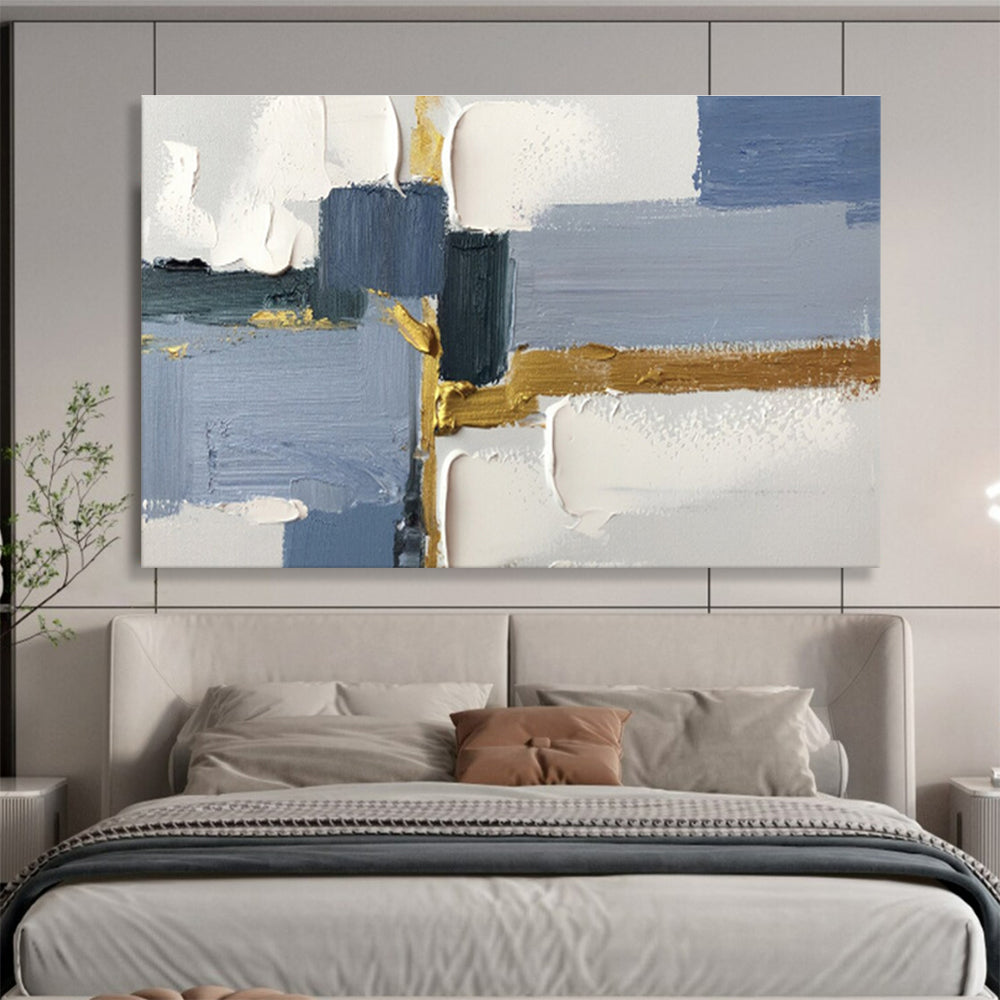 Blue - Gray Blocks with Gold Accents - Minimalist Abstract Painting On Canvas DKS311