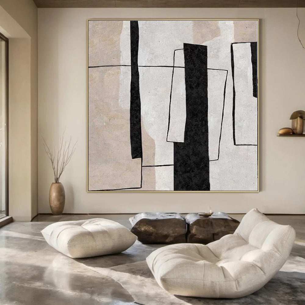 Black, White and Beige with Geometric Overlaps "Structured Unity" Abstract Painting On Canvas PS1159