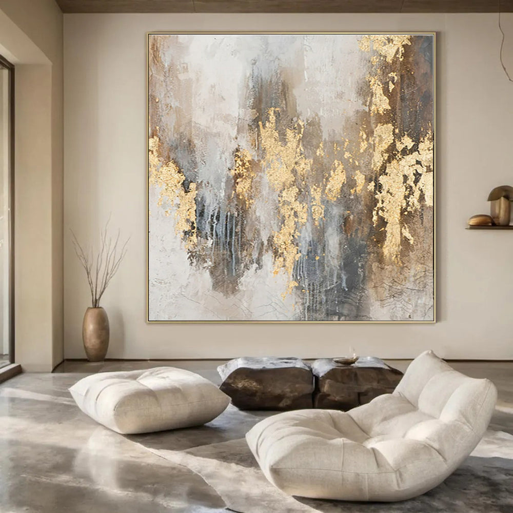 Gray, Brown, Gold with Textured Splashes "Gilded Grunge" Abstract Painting On Canvas PS1471