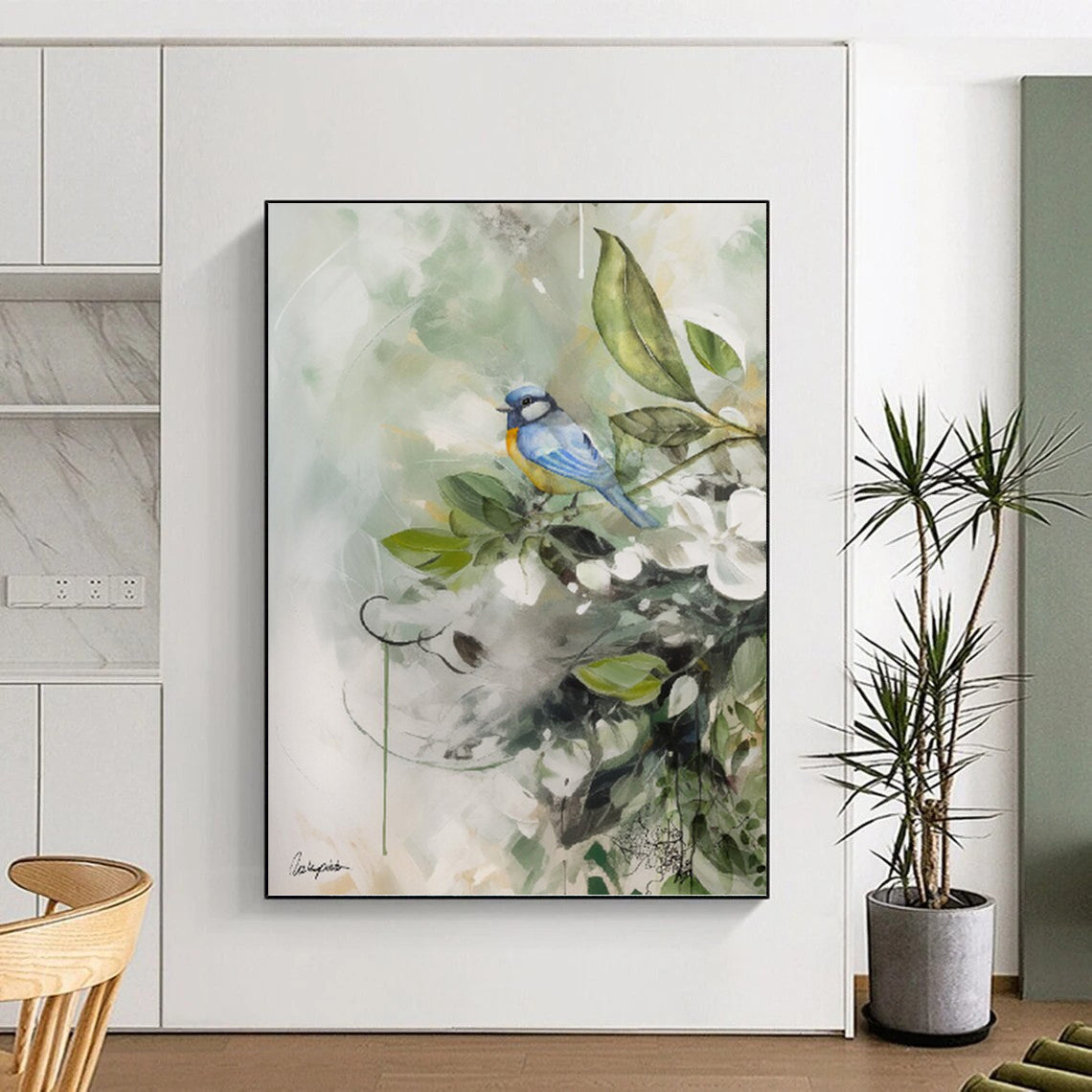“Bird in Floral Watercolor” - Whimsical Nature Watercolor Painting On Canvas PT1085