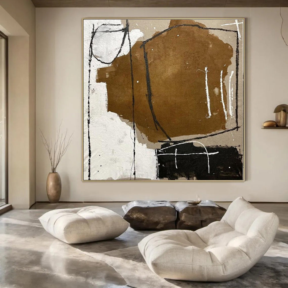 Brown, White and Black with Raw Brushstrokes "Rustic Sketch" Abstract Painting On Canvas PS1125