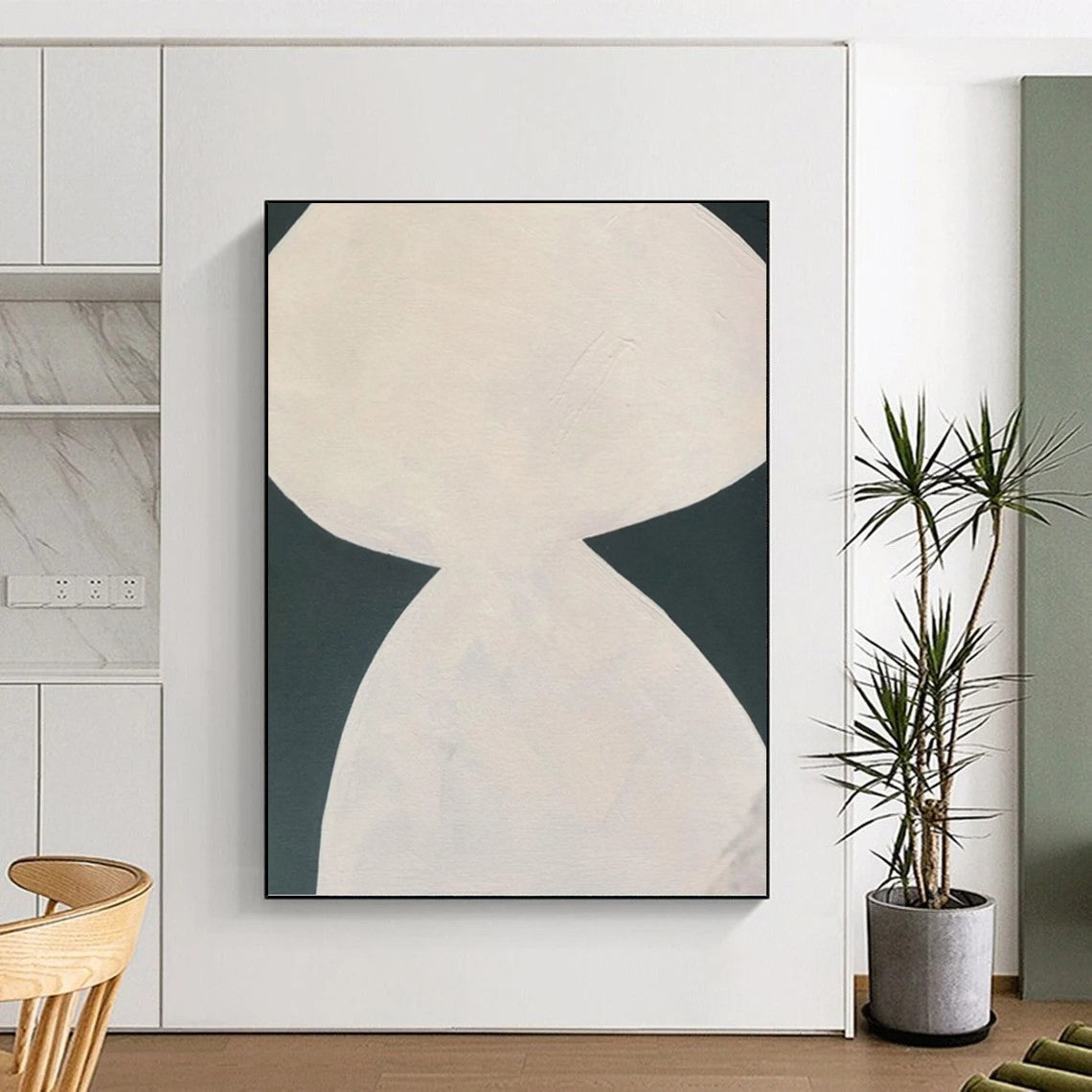 “White Curved Forms on Dark Green” - Contrasting Shapes Abstract Painting On Canvas PT1081