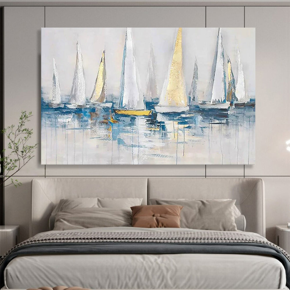 “White - Gold Sailboats” - Impressionistic Nautical Painting On Canvas PT257