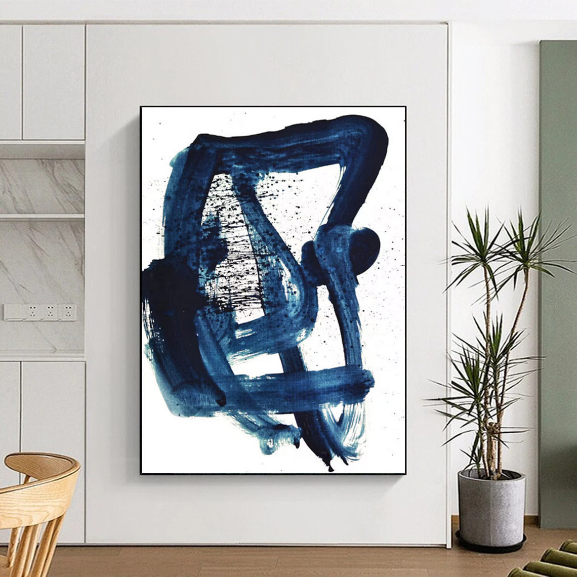 “Indigo Ink Abstraction” - Deep Blue Brushstrokes & Splatters Painting On Canvas DS161
