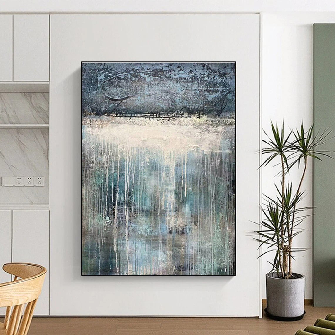“Gray - Blue Dripping Landscape” - Gray, Blue Abstract Painting On Canvas PS0467