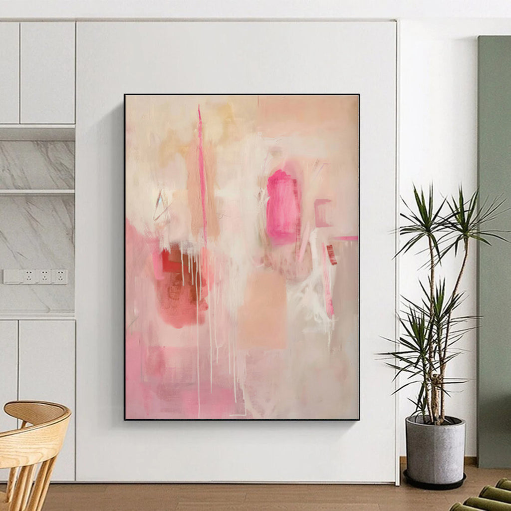 “Pink - Beige Abstract Drips” - Pink, Beige Abstract Expressionist Painting On Canvas PS0440