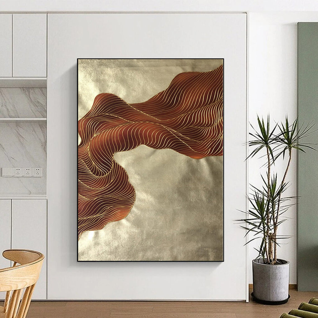 “Brown - Gold Abstract Flowing Ribbons” - Opulent Abstract Painting On Canvas PS0347
