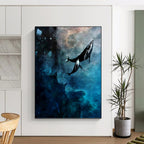 “Cosmic Whales: Blue and Black Surrealist Painting” - Surrealist Fantasy Painting On Canvas PT0933