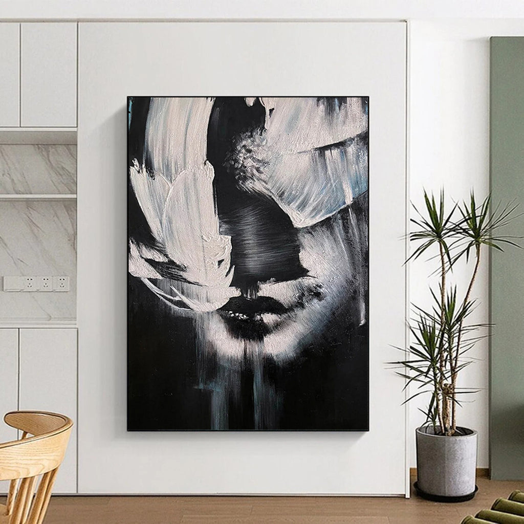 “Monochrome Abstract Face” - Black and White Figurative Painting On Canvas DS331