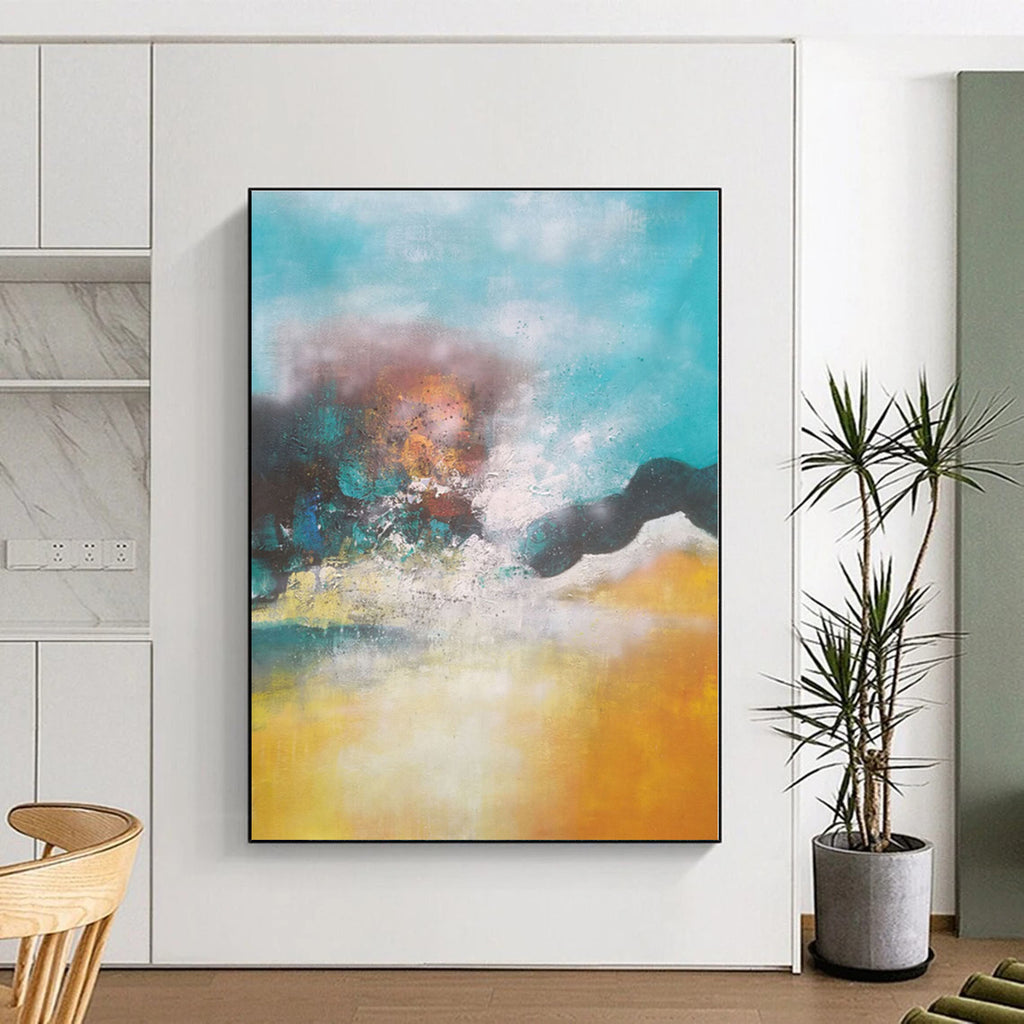 “Turquoise - Yellow Abstract Landscape” - Turquoise, Yellow, Brown Abstract Painting On Canvas PS0474
