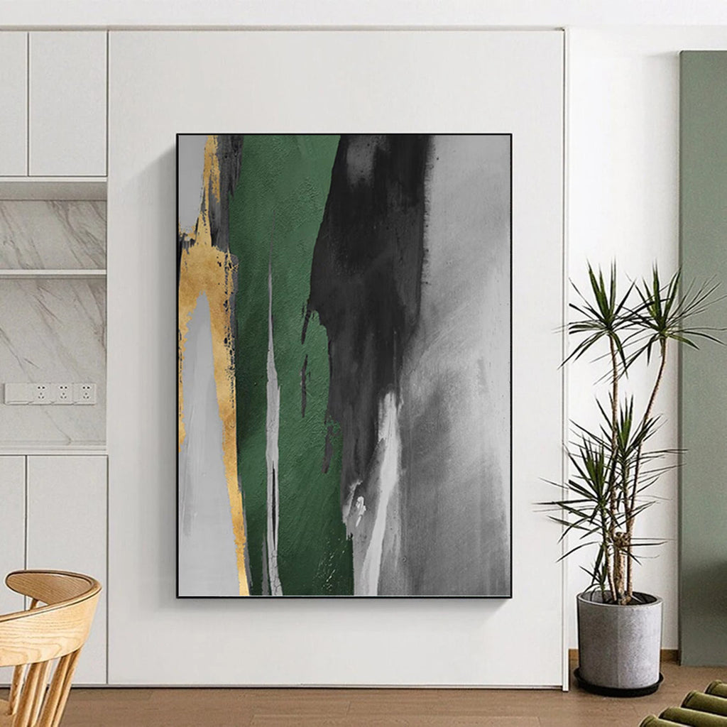 “Green - Grey - Gold Abstract Strokes” - Abstract Expressionist Painting On Canvas PT1198