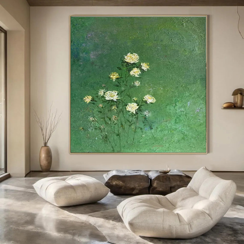 Green, White, Yellow with Delicate Flowers "Nature’s Whisper" Abstract Painting On Canvas PS1453