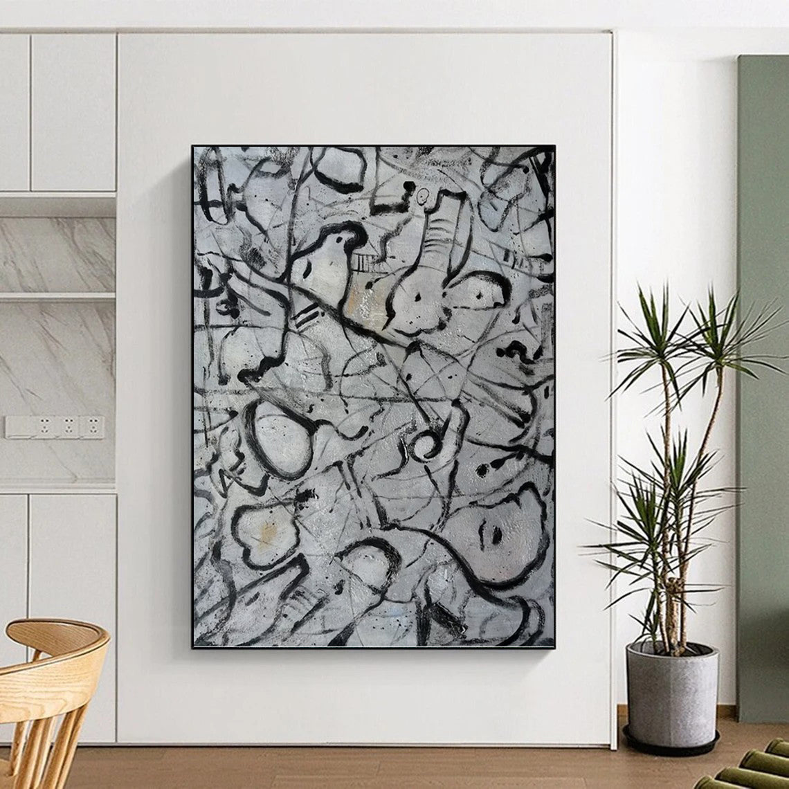 “Black and White Abstract Doodles” - Abstract, Expressive - Styled Painting On Canvas PT1591