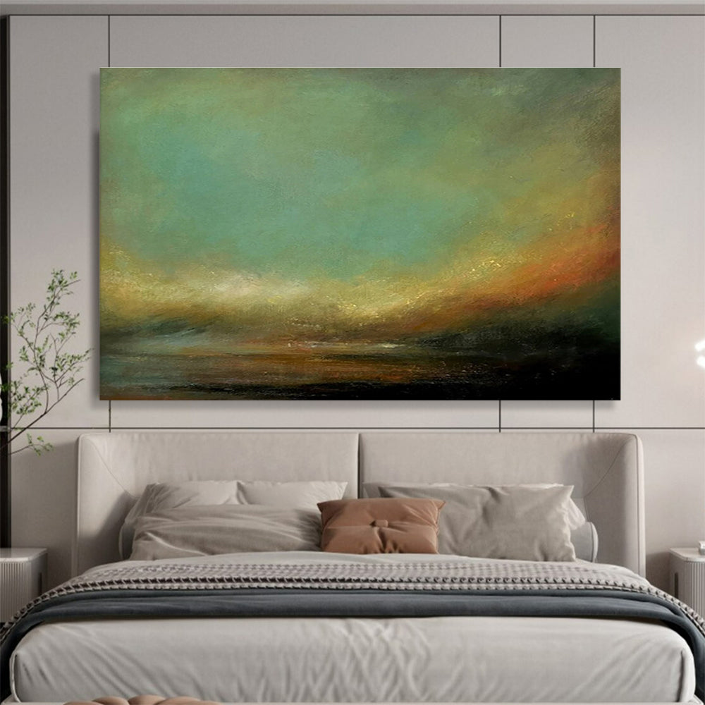 “Subtle Color Transition” - Green, Orange & Black Landscape, Impressionistic Oil Painting On Canvas DKS778