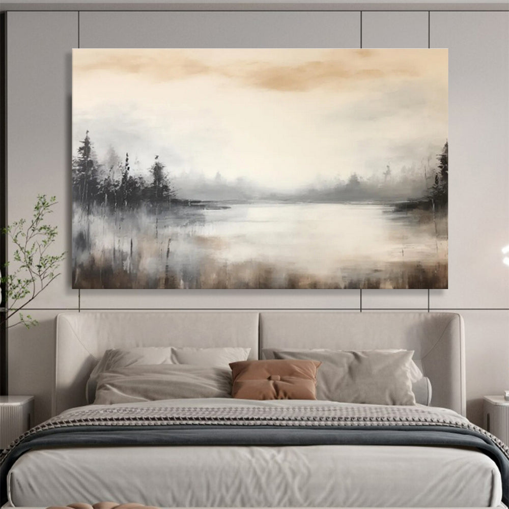 Misty Lake and Forest in Neutrals - Tonalist Landscape Painting On Canvas DKS329