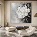 Gray, Black, Beige with Textured White Rose "Tactile Bloom" Abstract Painting On Canvas PS1466