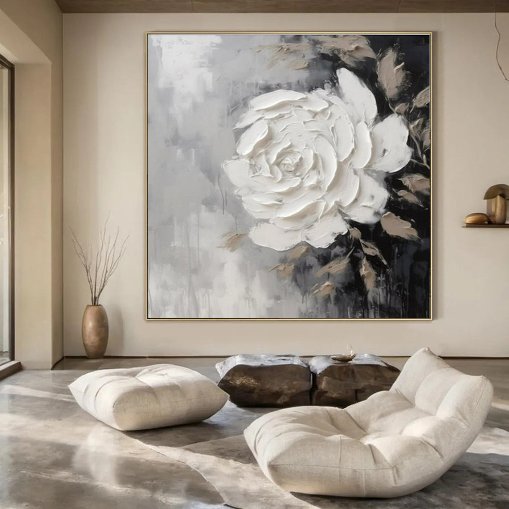 Gray, Black, Beige with Textured White Rose "Tactile Bloom" Abstract Painting On Canvas PS1466