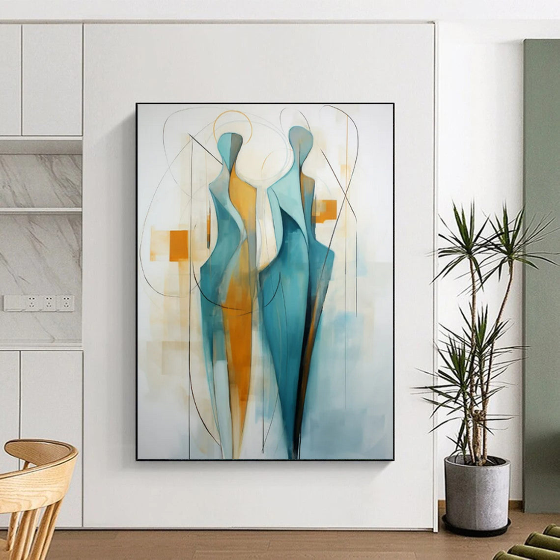“Teal and Orange Abstract Figures” - Minimalist Abstract Painting On Canvas PT2234