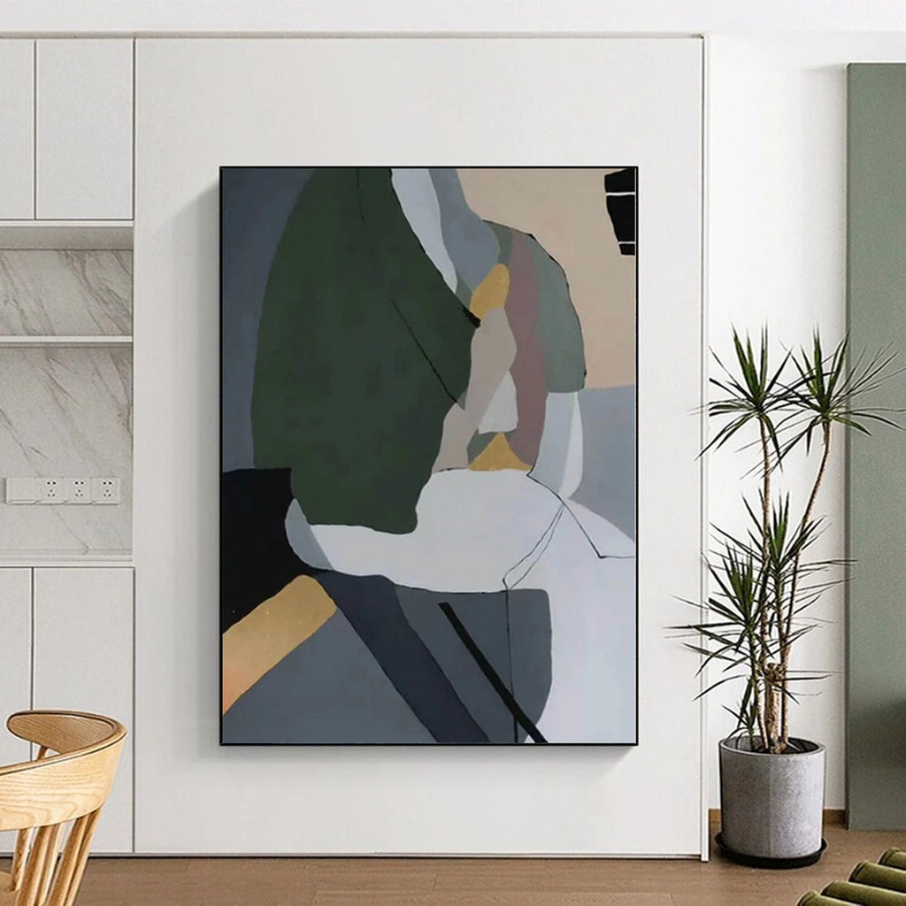 “Green - Grey - White Abstract Geometric Forms” - Subtle Abstract Painting On Canvas PS0350