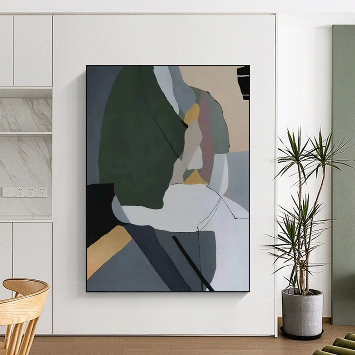 “Green - Grey - White Abstract Geometric Forms” - Subtle Abstract Painting On Canvas PS0350