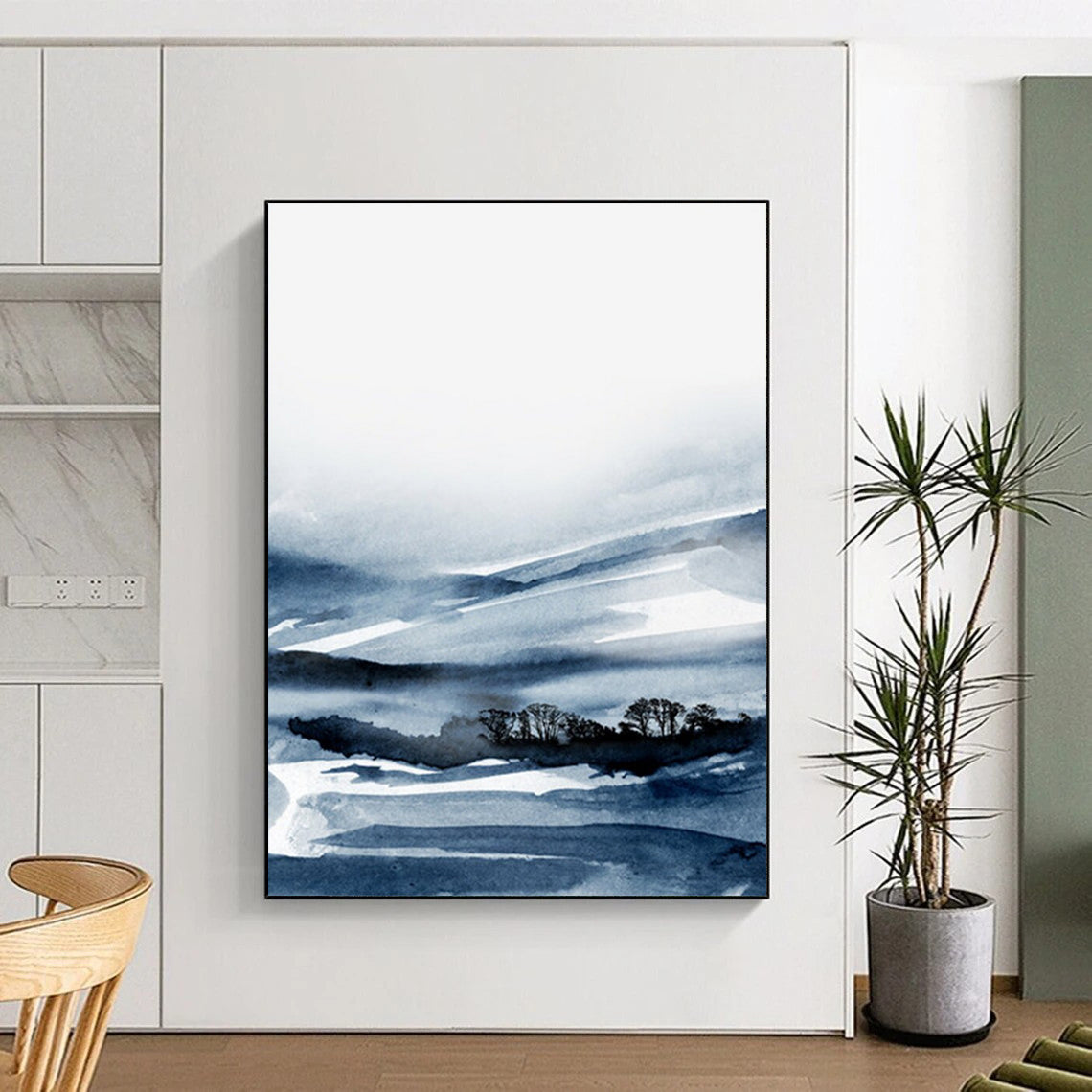 “Blue - Toned Ink - Wash Landscape” - Misty Mountains & Subtle Tree Forms Painting On Canvas DS231