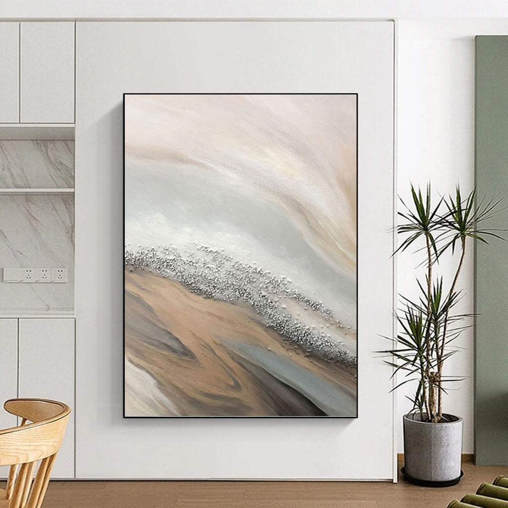 “Beige - Grey - Silver Abstract Flow” - Minimalist Abstract Painting On Canvas PT1228